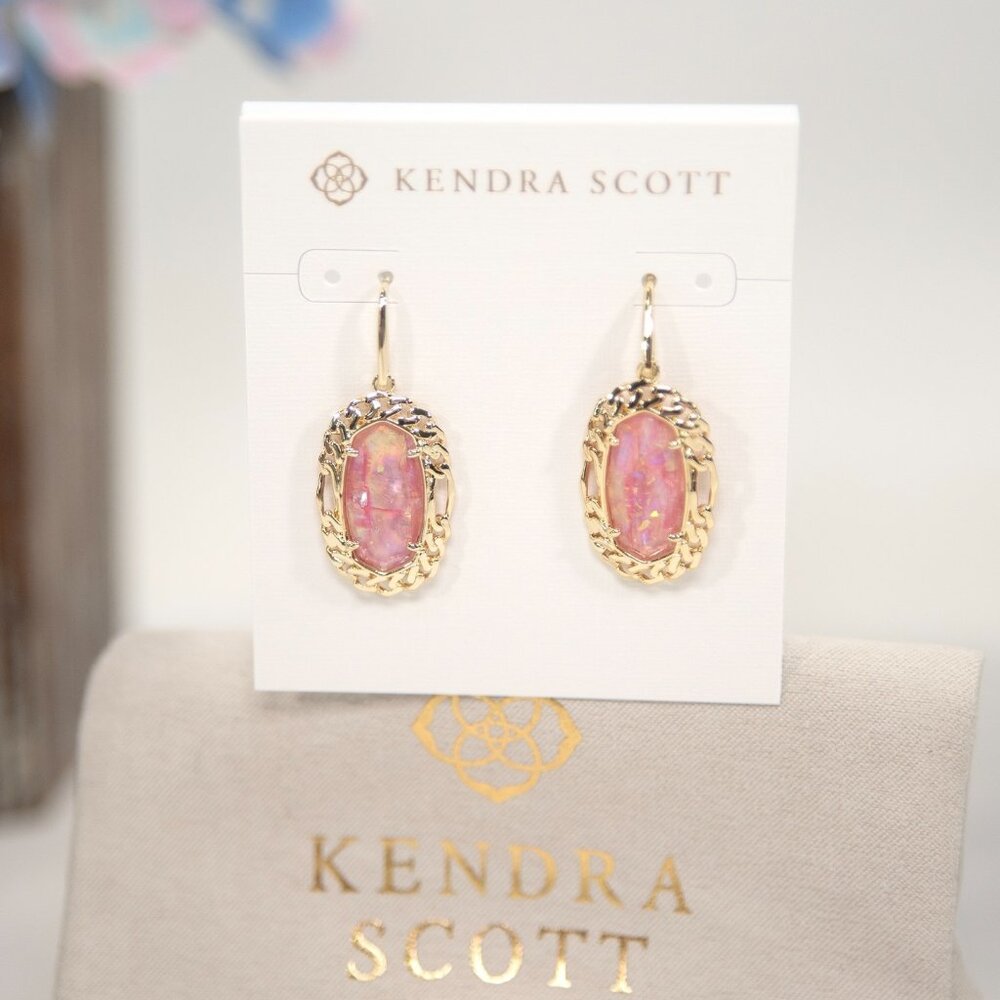 Kendra Scott Dani Gold Figaro Frame Pink Iridescent Mother of Pearl Earrings NWT